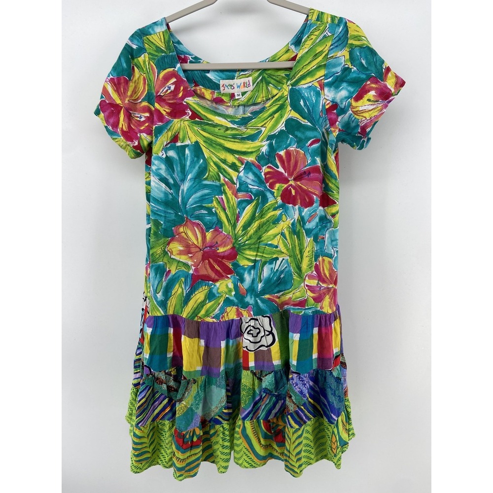 Jams World Dress Womens‎ Medium Tropical Floral Swing Layered Hawaiian Rayon